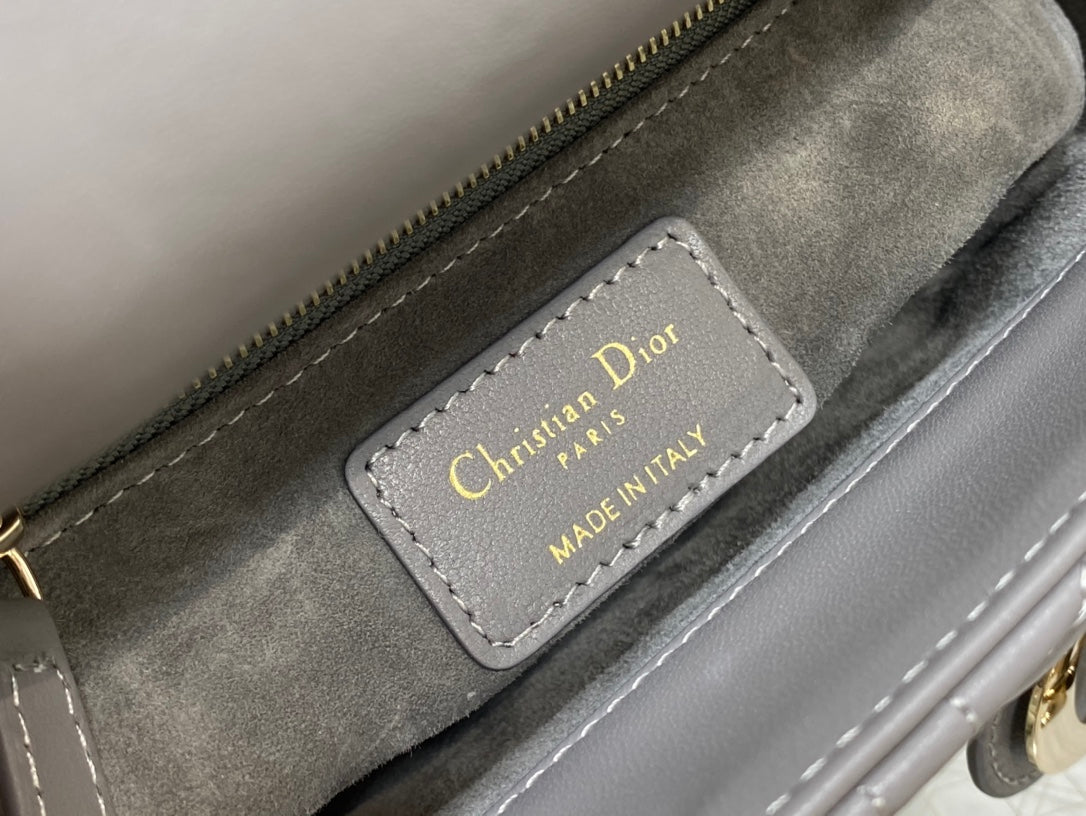 Lady Dior Mini Grey Quilted Cannage Leather Handbag with Gold-Tone Hardware