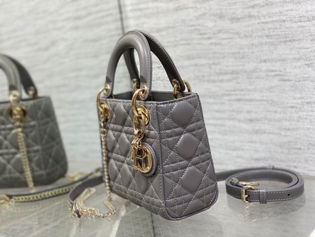 Lady Dior Mini Grey Quilted Cannage Leather Handbag with Gold-Tone Hardware