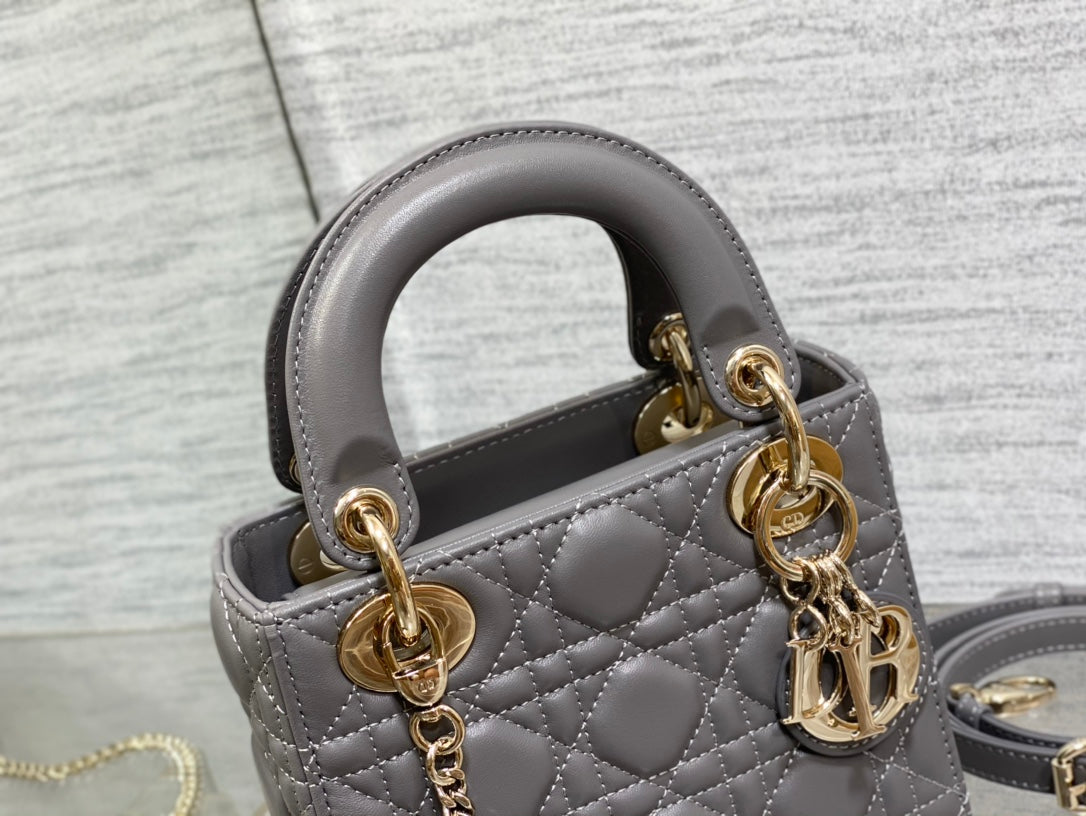 Lady Dior Mini Grey Quilted Cannage Leather Handbag with Gold-Tone Hardware