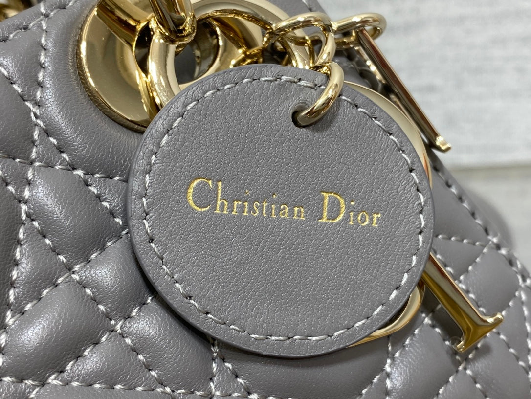 Lady Dior Mini Grey Quilted Cannage Leather Handbag with Gold-Tone Hardware