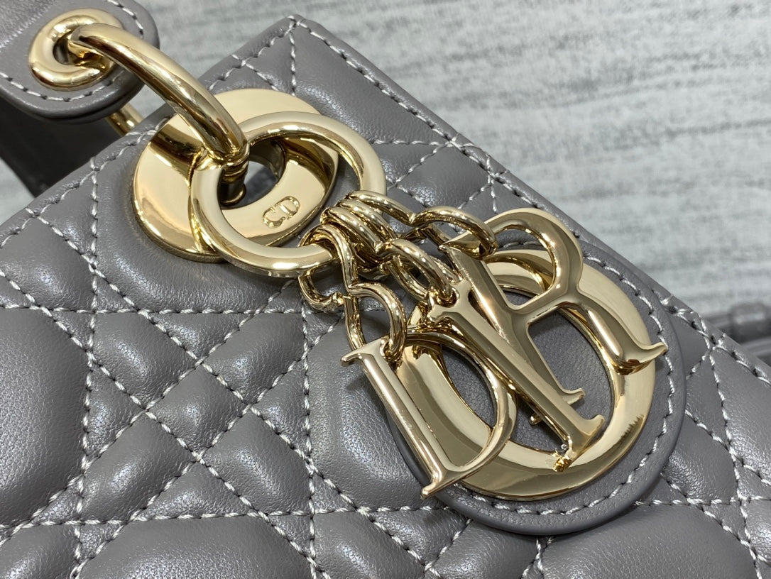 Lady Dior Mini Grey Quilted Cannage Leather Handbag with Gold-Tone Hardware