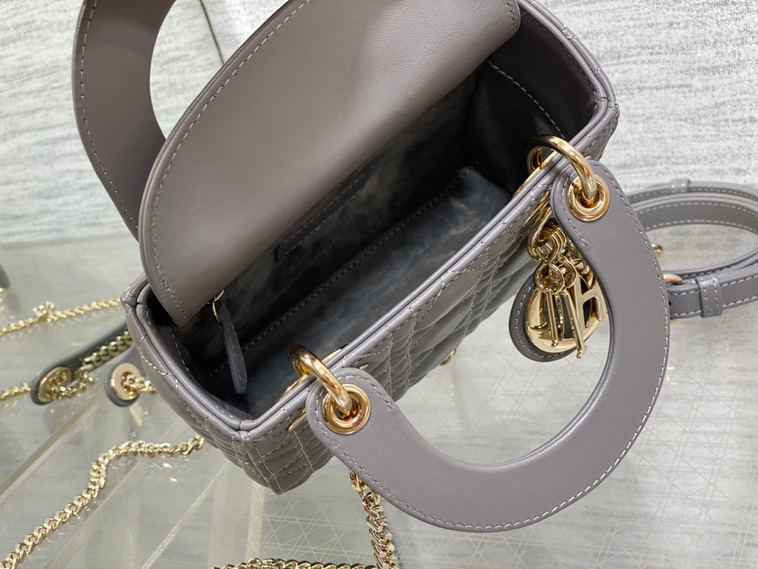 Lady Dior Mini Grey Quilted Cannage Leather Handbag with Gold-Tone Hardware