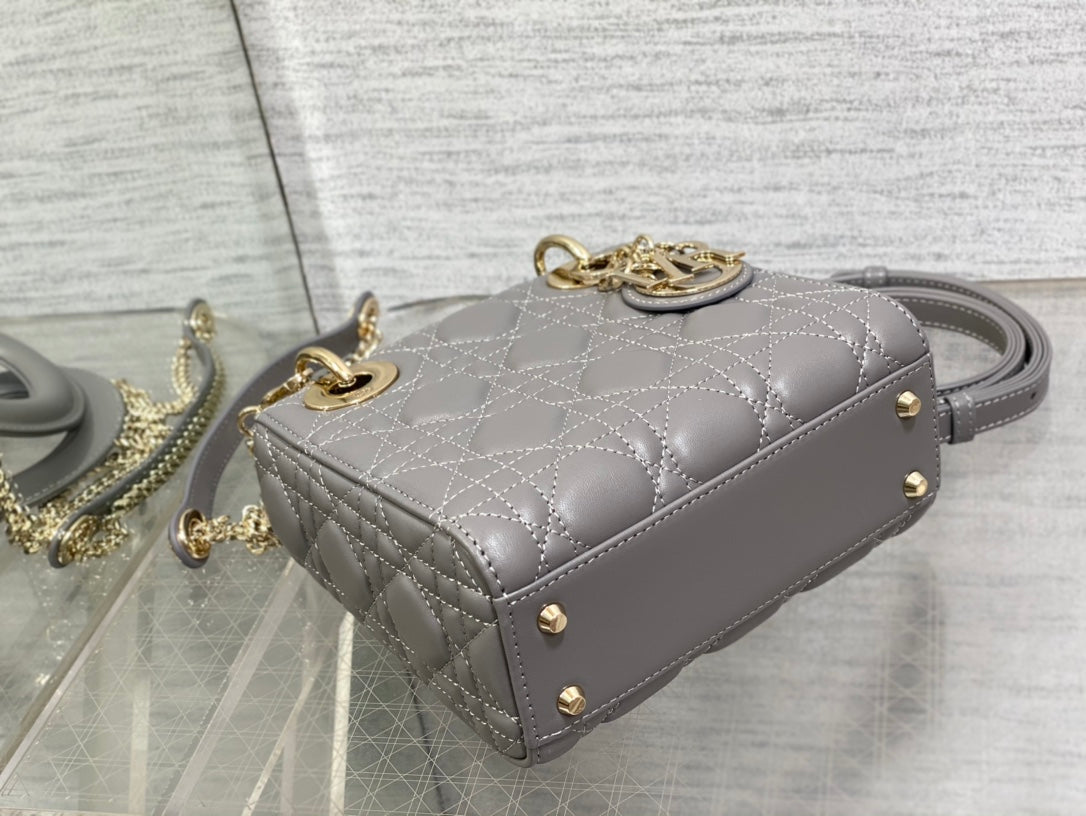 Lady Dior Mini Grey Quilted Cannage Leather Handbag with Gold-Tone Hardware