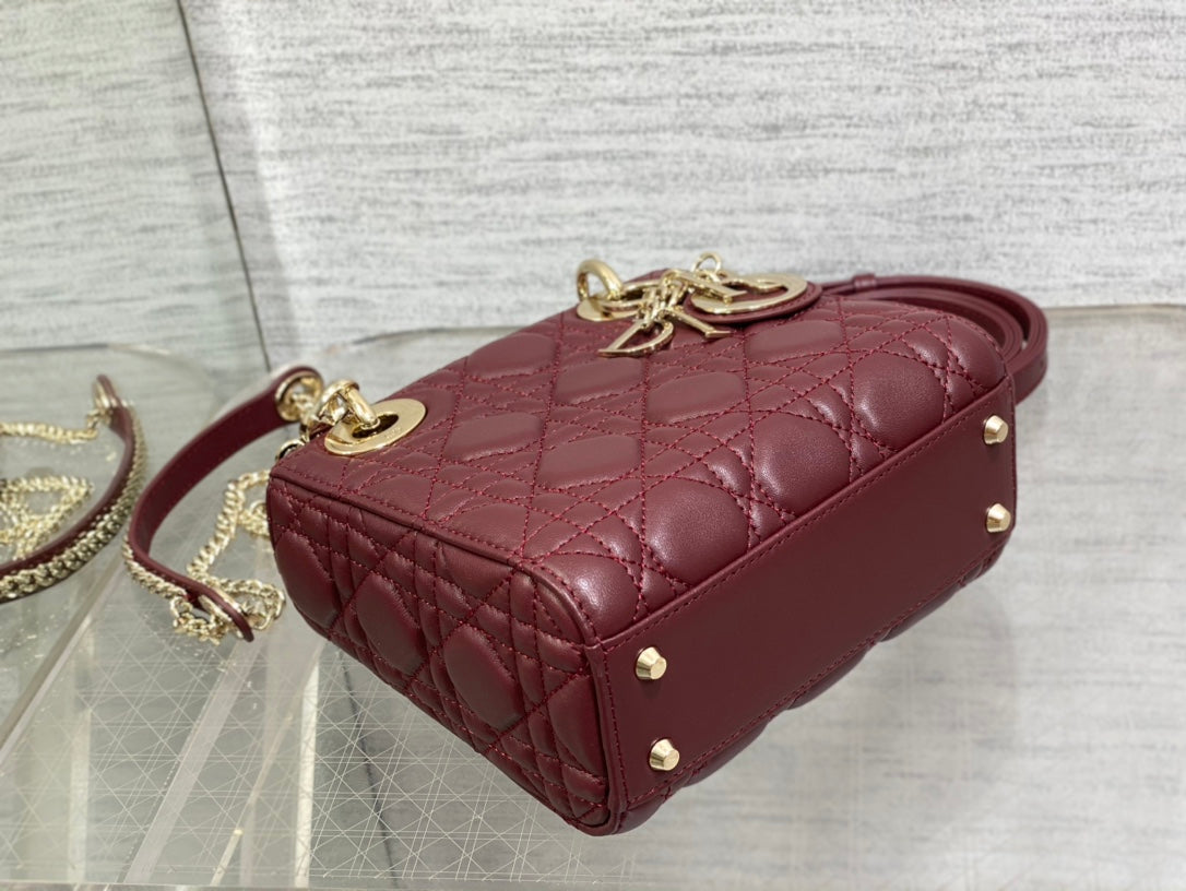 Dior Burgundy Quilted Leather Mini Top Handle Crossbody Bag with Gold Hardware