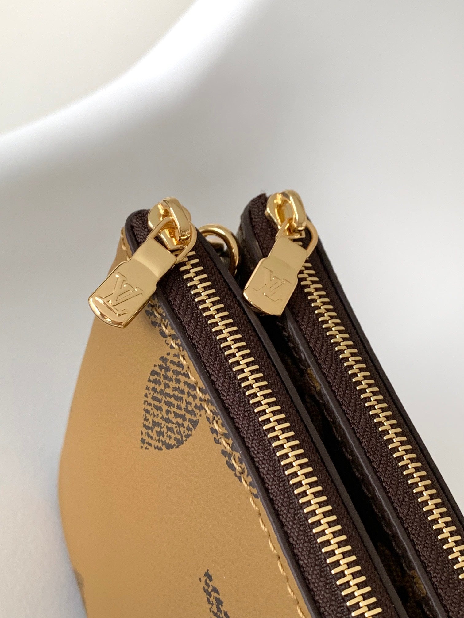 Louis Vuitton Minimalist Tan Logo Print Crossbody Pouch with Slim Black Strap