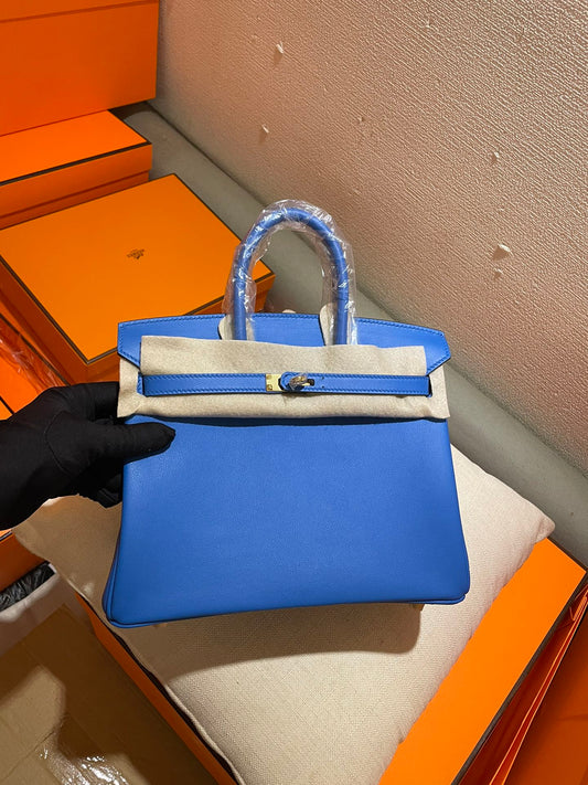 Luxury Blue Leather Top Handle Handbag - Elegant Iconic Style Tote