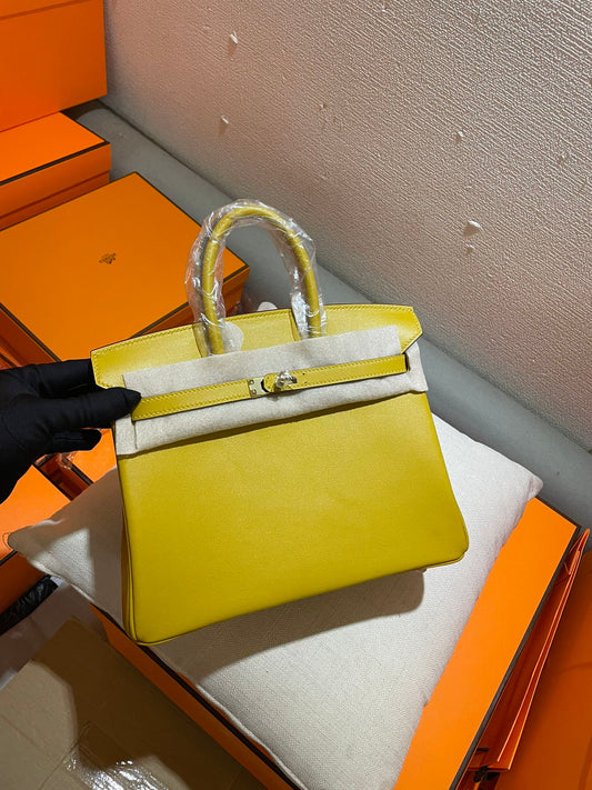 Yellow Textured Leather Top Handle Handbag - Classic Structured Tote