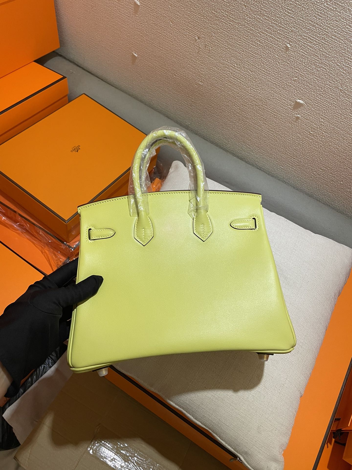 Vibrant Lime Green Leather Top Handle Handbag - Elegant Birkin Style Tote with Gold Hardware