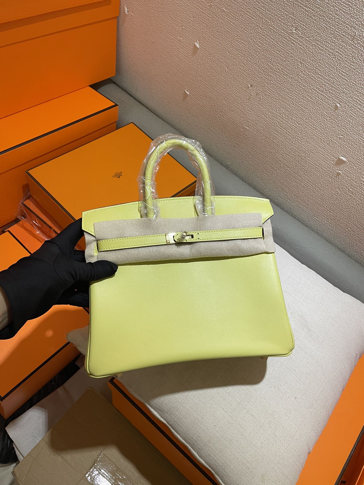 Vibrant Lime Green Leather Top Handle Handbag - Elegant Birkin Style Tote with Gold Hardware