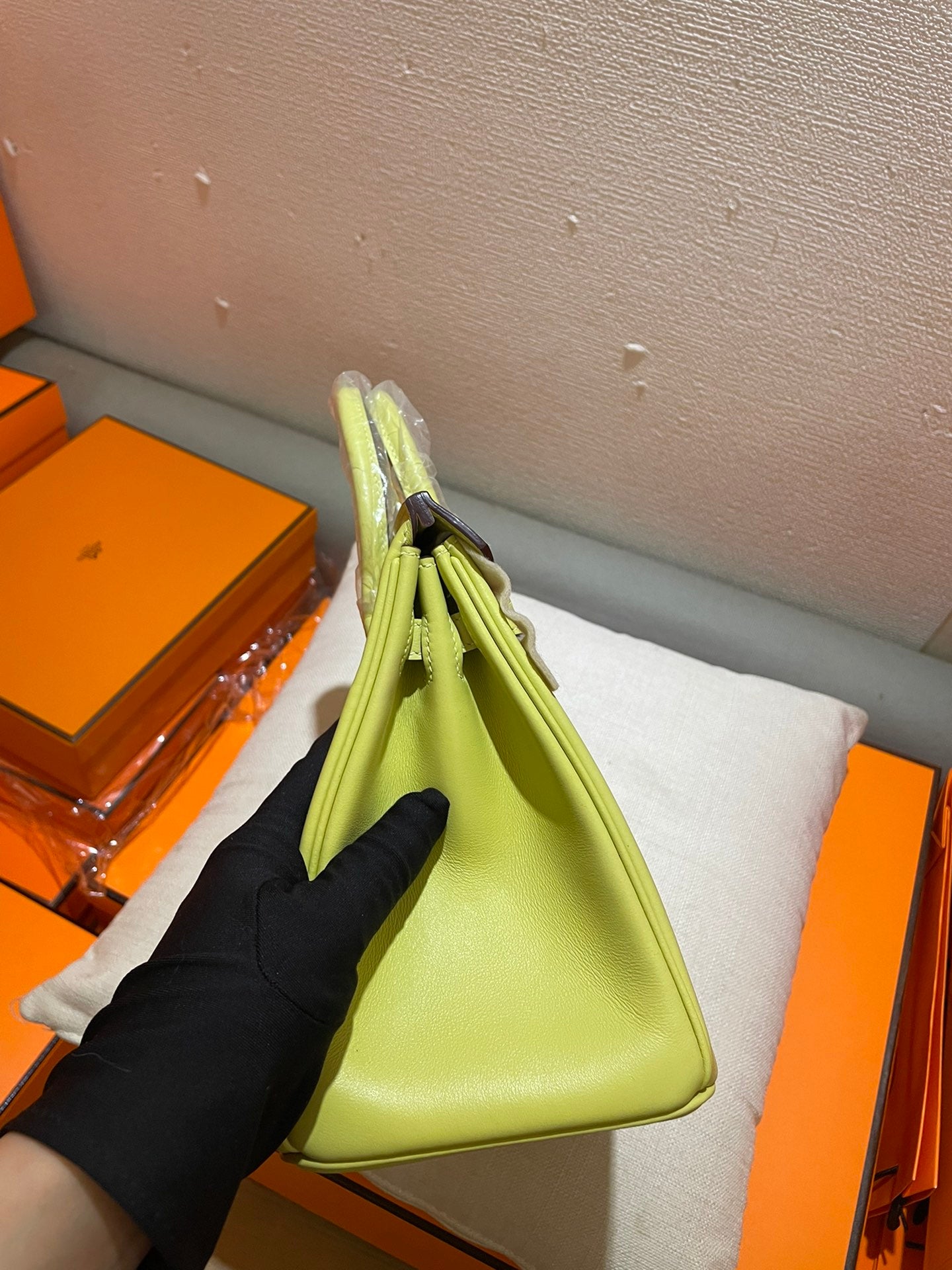 Vibrant Lime Green Leather Top Handle Handbag - Elegant Birkin Style Tote with Gold Hardware