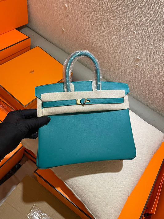 Luxury Teal Leather Top Handle Handbag with Silver Hardware - Classic Birkin Style Tote