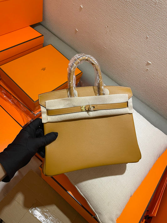 Luxury Tan Leather Top-Handle Handbag with Gold Hardware - Classic Designer Style