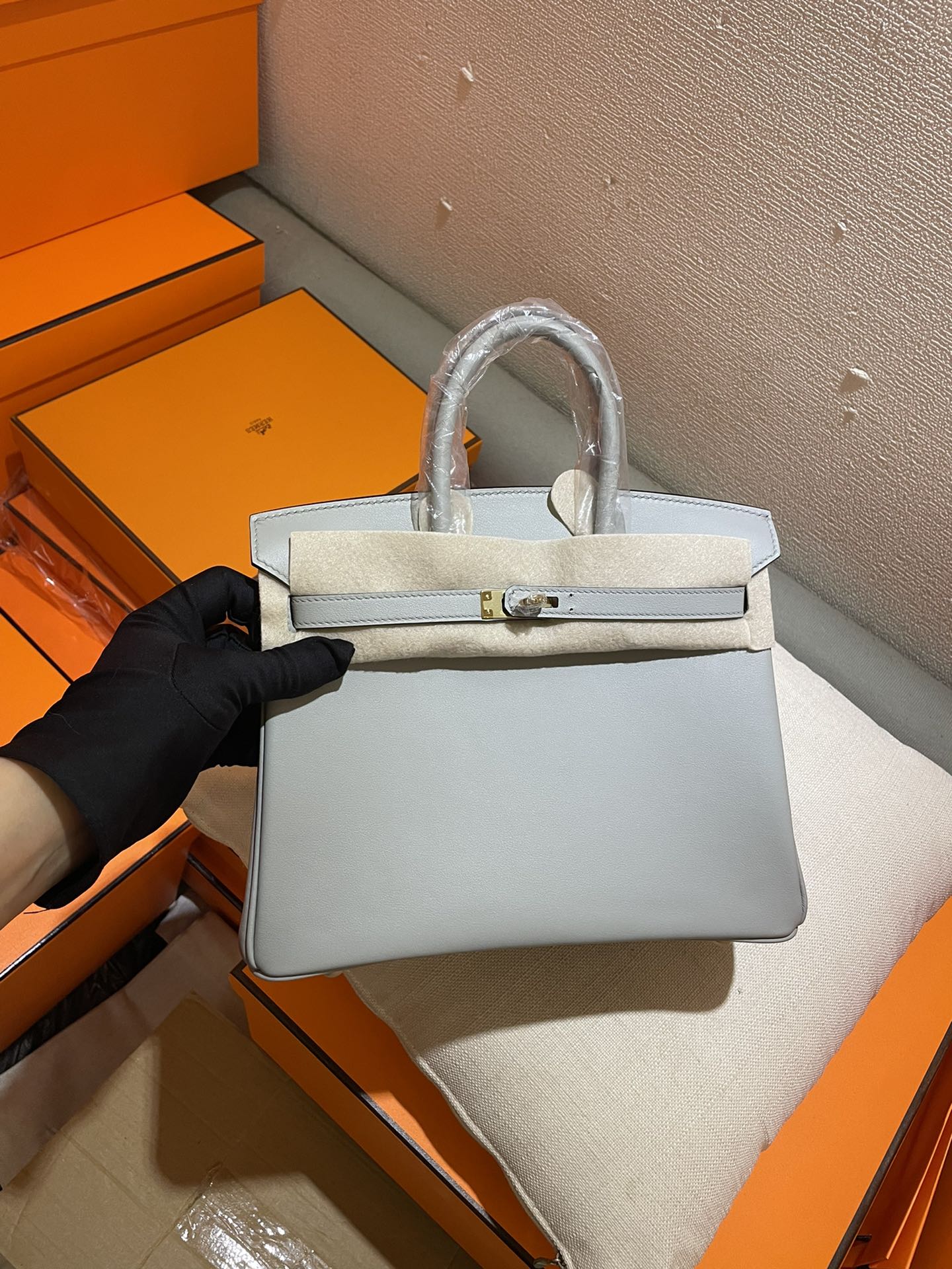 Luxury Leather Top Handle Handbag - Birkin Style - Light Blue