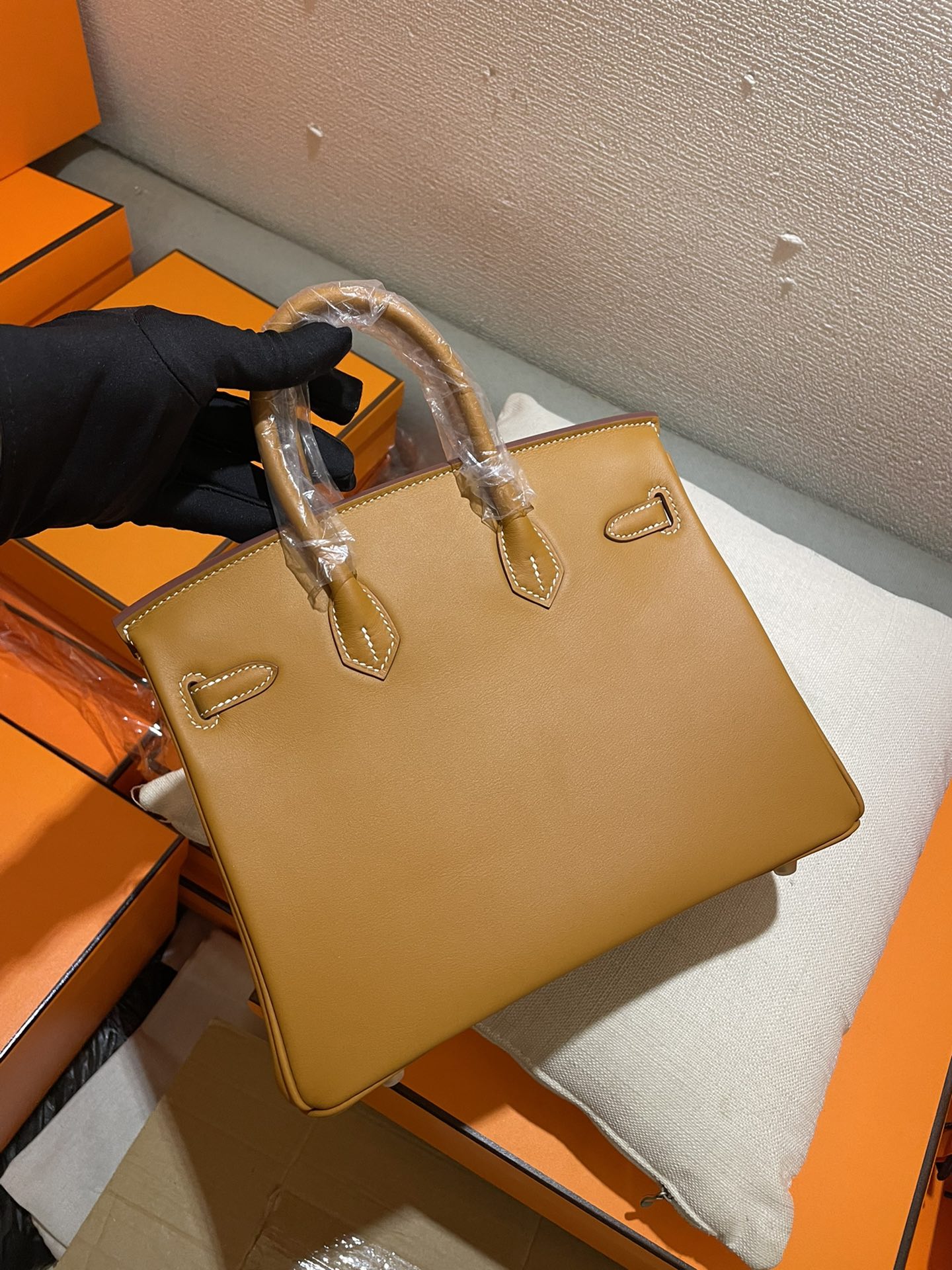 Luxury Gold Leather and Canvas Top Handle Satchel Handbag - Elegant Two-Tone Tote