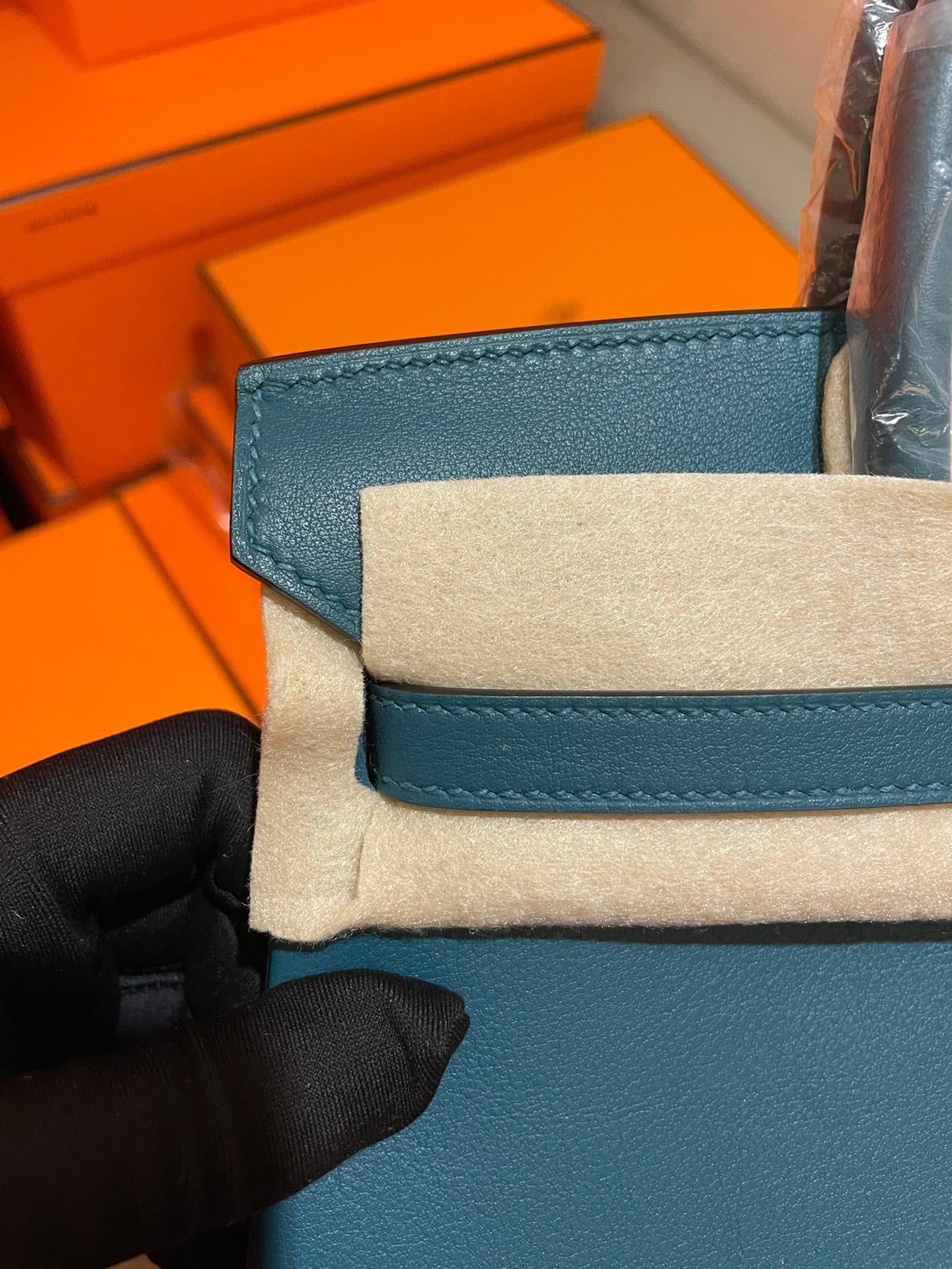 Luxury Teal Blue Leather Top Handle Handbag - Elegant Birkin Style Tote with Hardware