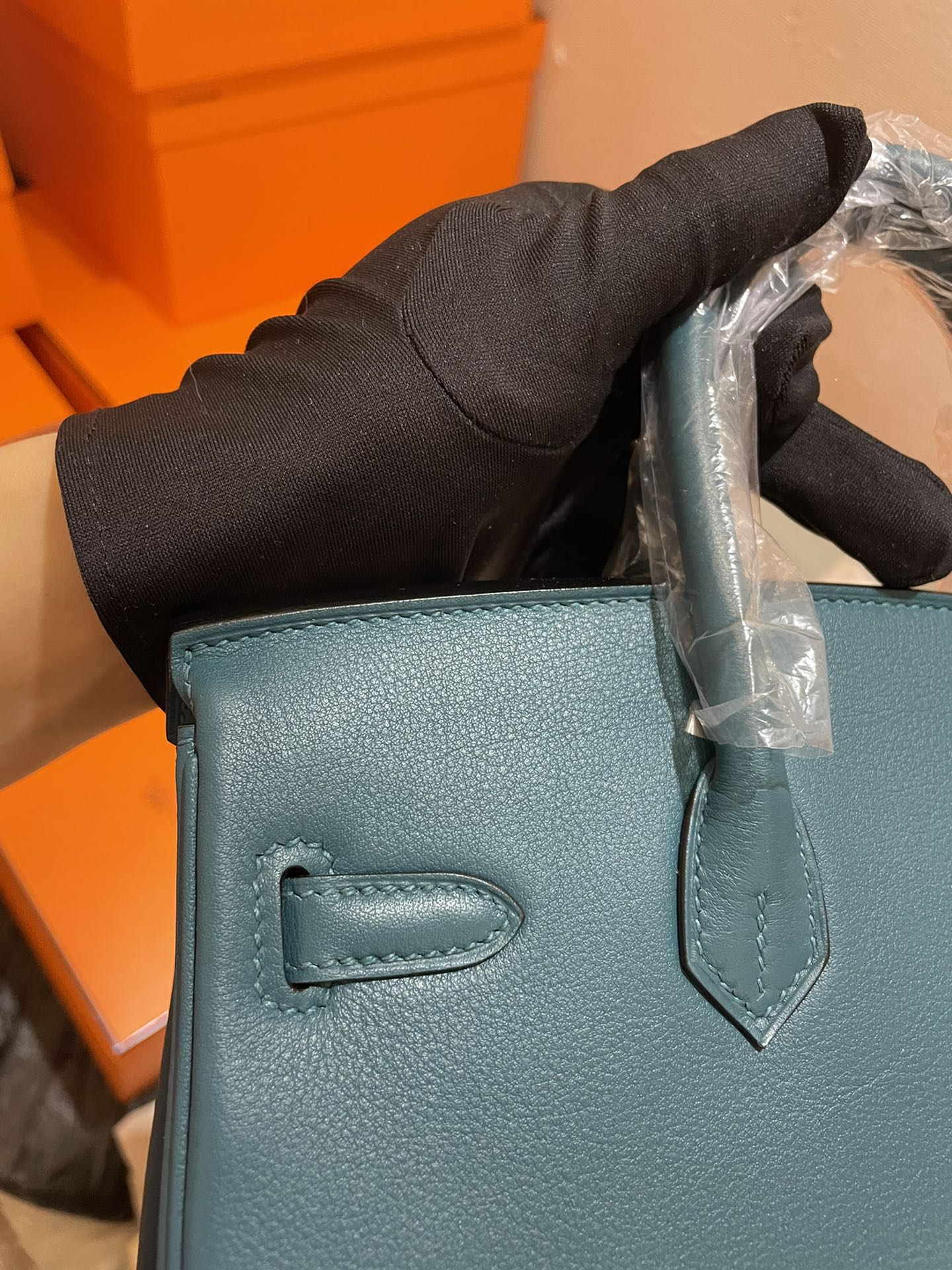 Luxury Teal Blue Leather Top Handle Handbag - Elegant Birkin Style Tote with Hardware