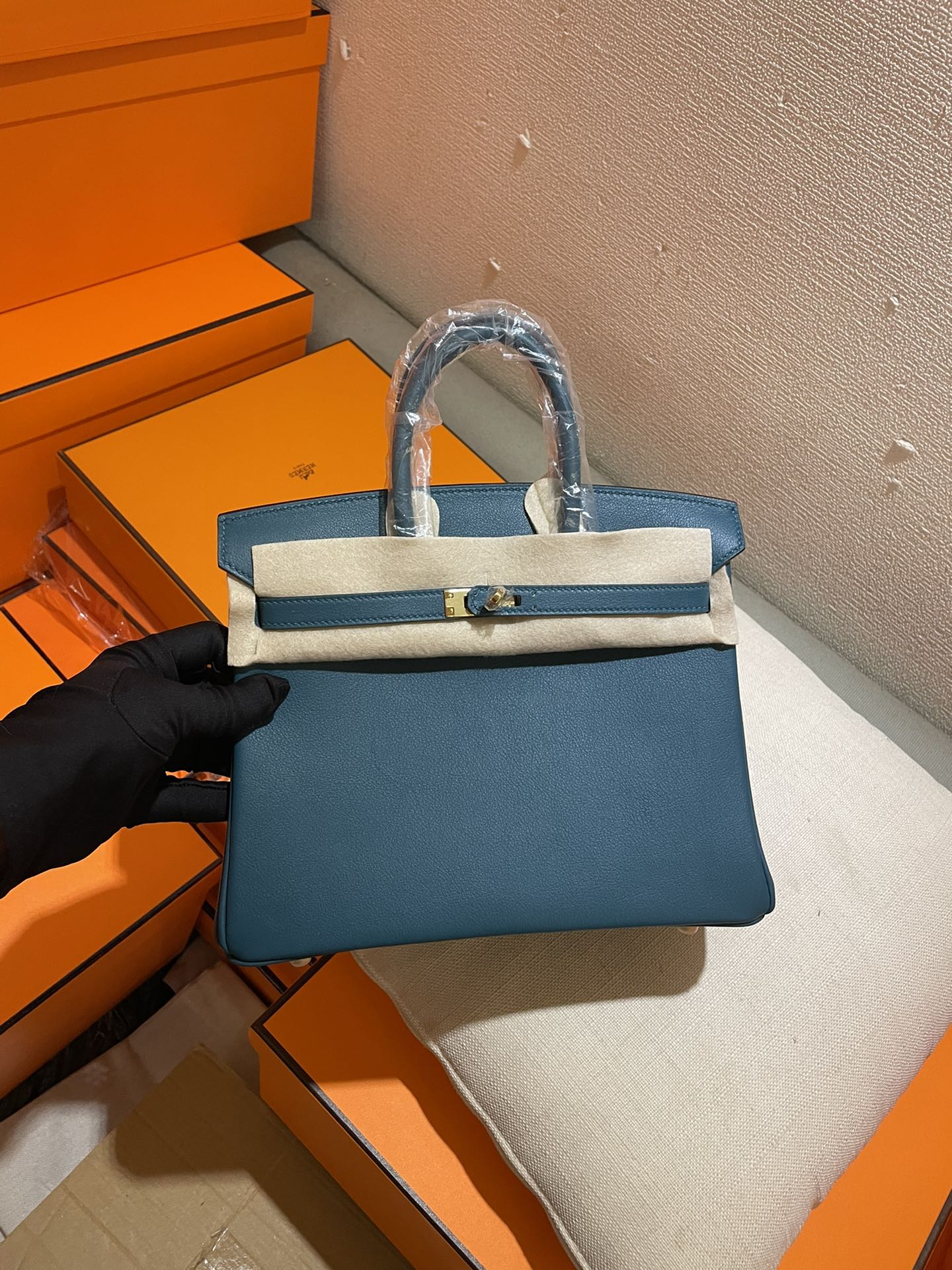 Luxury Teal Blue Leather Top Handle Handbag - Elegant Birkin Style Tote with Hardware