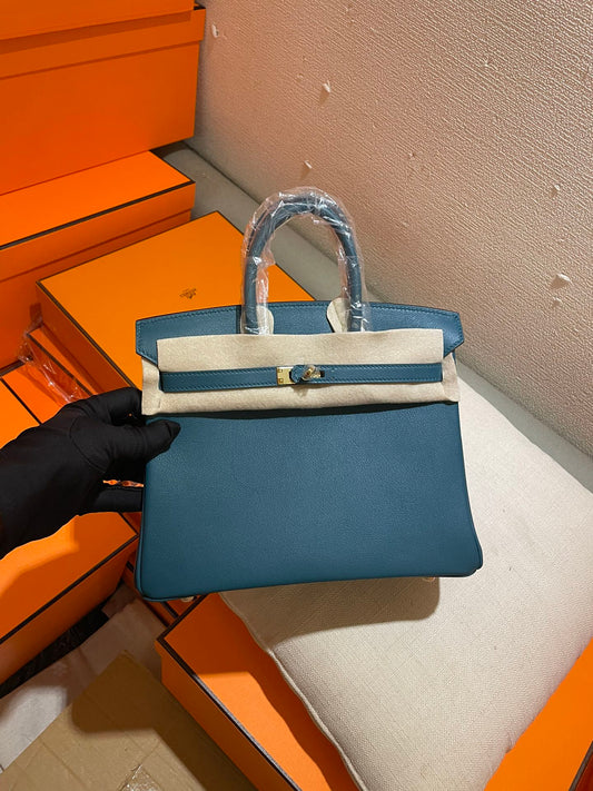 Luxury Teal Blue Leather Top Handle Handbag - Elegant Birkin Style Tote with Hardware