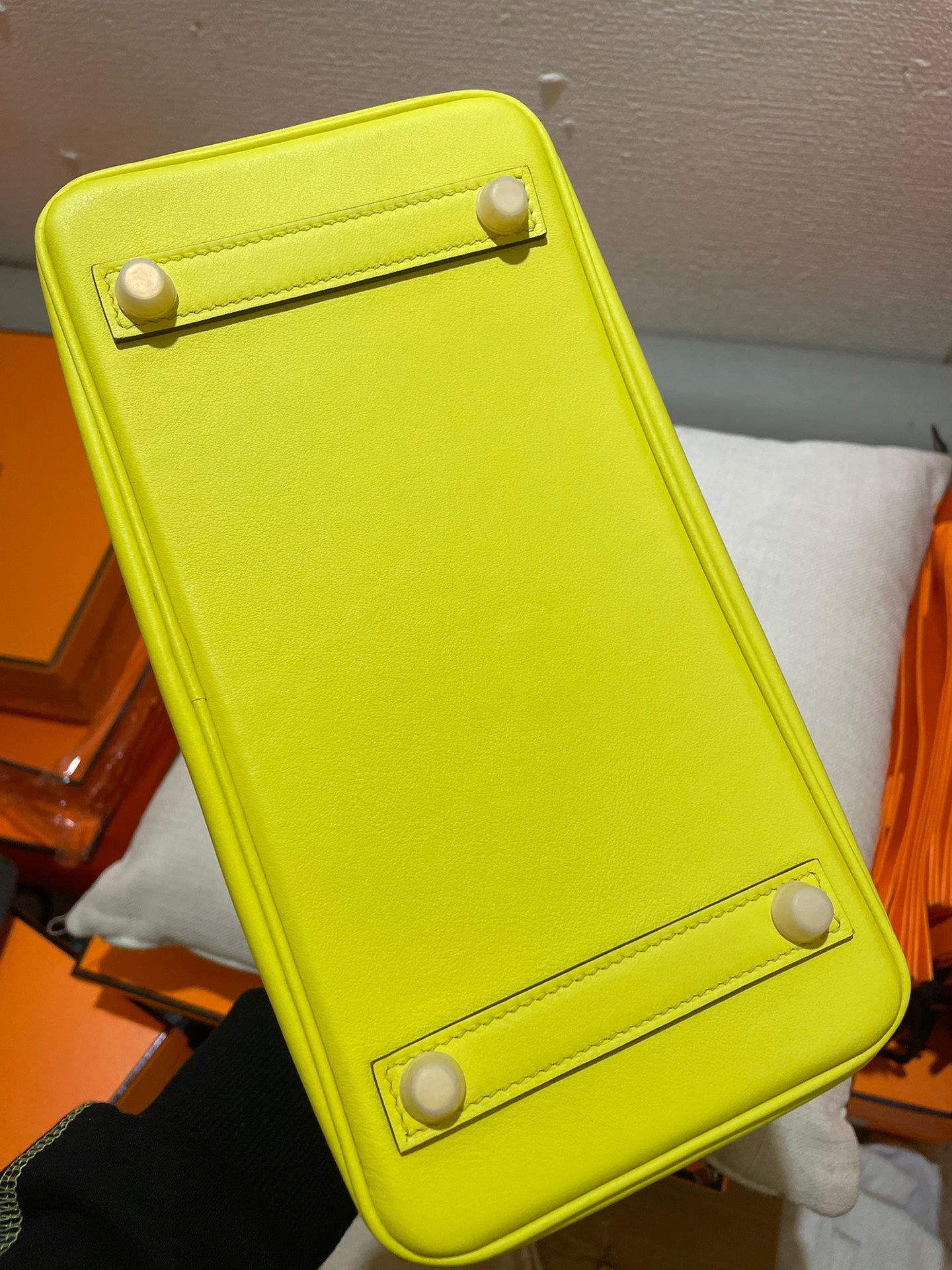Lime Yellow Premium Leather Top Handle Handbag with Gold-Tone Hardware
