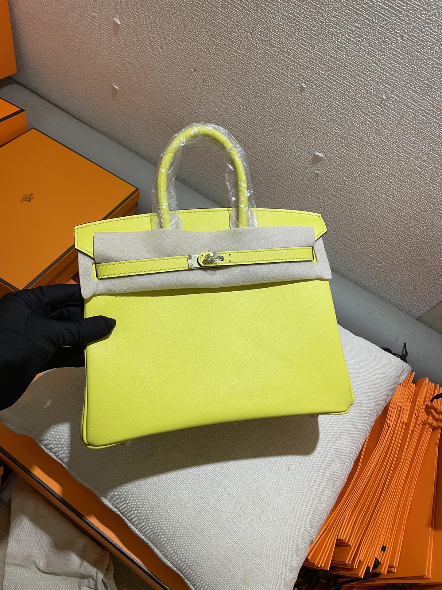 Lime Yellow Premium Leather Top Handle Handbag with Gold-Tone Hardware