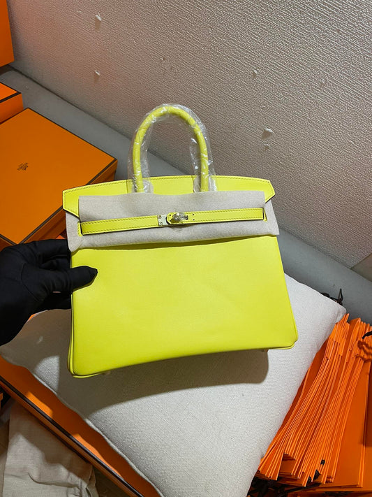 Lime Yellow Premium Leather Top Handle Handbag with Gold-Tone Hardware