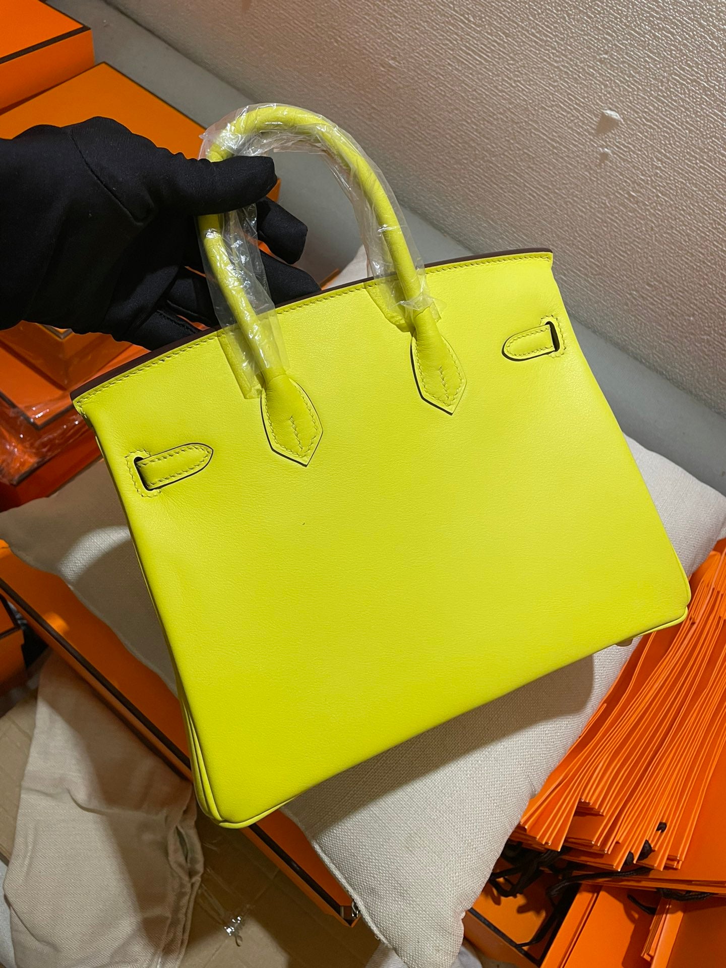 Lime Yellow Premium Leather Top Handle Handbag with Gold-Tone Hardware