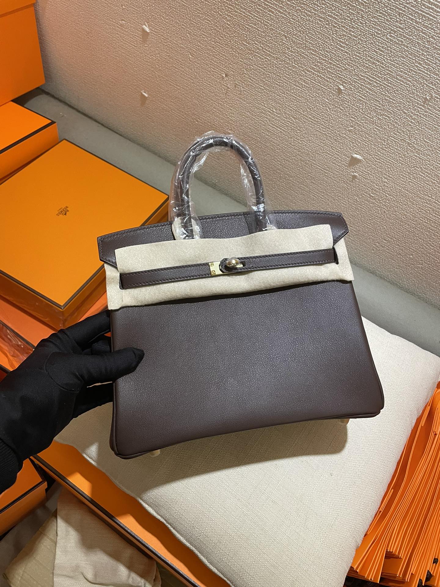 Elegant Dark Taupe Leather Top Handle Handbag with Silver-Tone Hardware