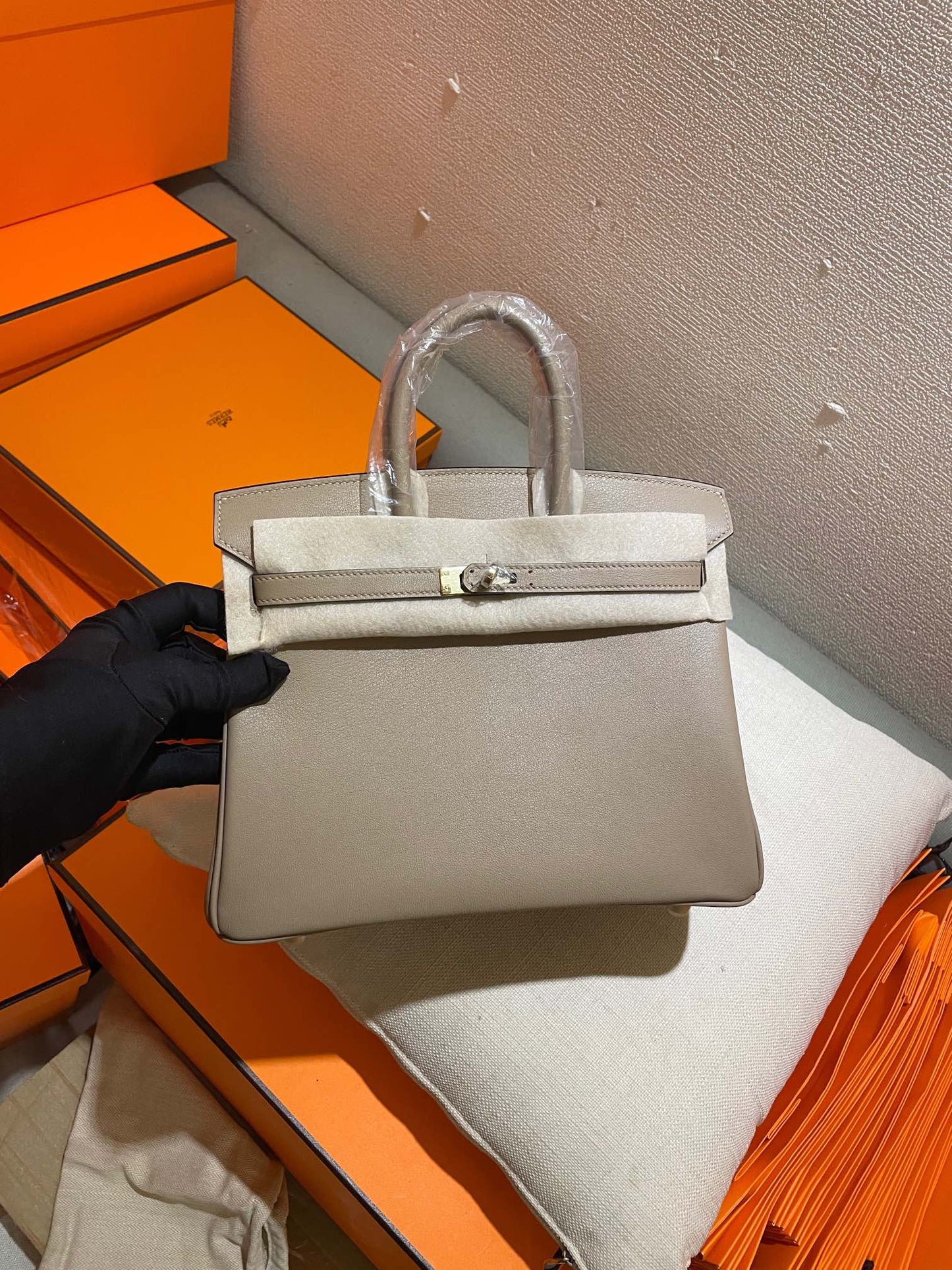 Elegant Taupe Leather Satchel - Luxury Designer Top Handle Handbag