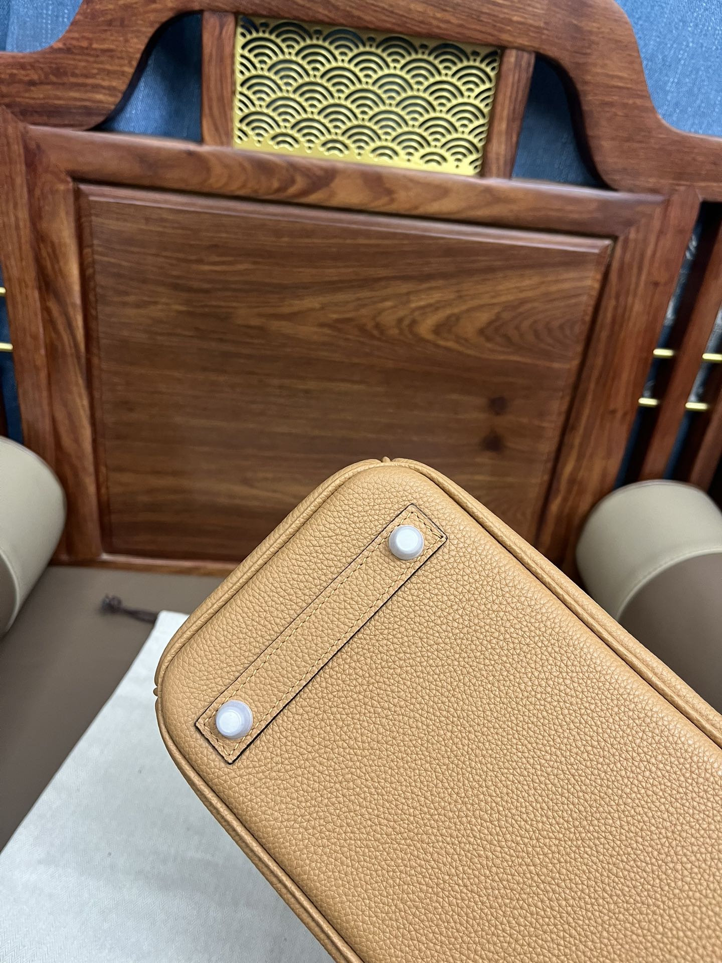 Classic Tan Leather Satchel Handbag with Silver Hardware and Top Handles