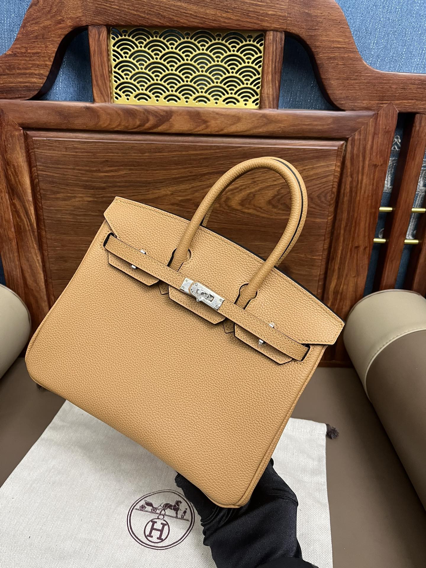 Classic Tan Leather Satchel Handbag with Silver Hardware and Top Handles