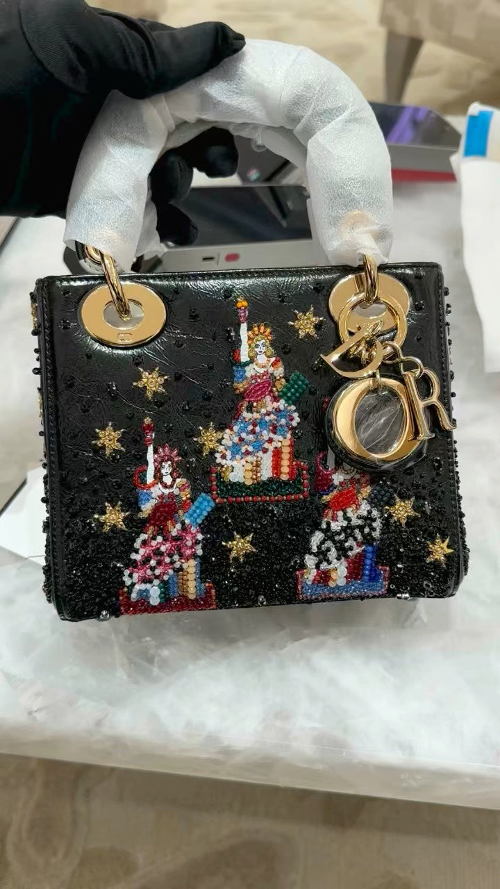 Dior Embroidered Black Mini Handbag with Liberty Illustrations and Gold Charms