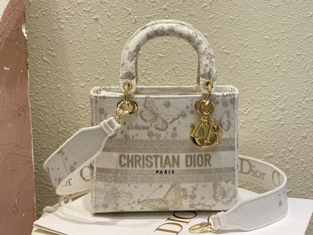 Christian Dior Lady D-Lite Bag with Grey Butterfly Embroidery - Small