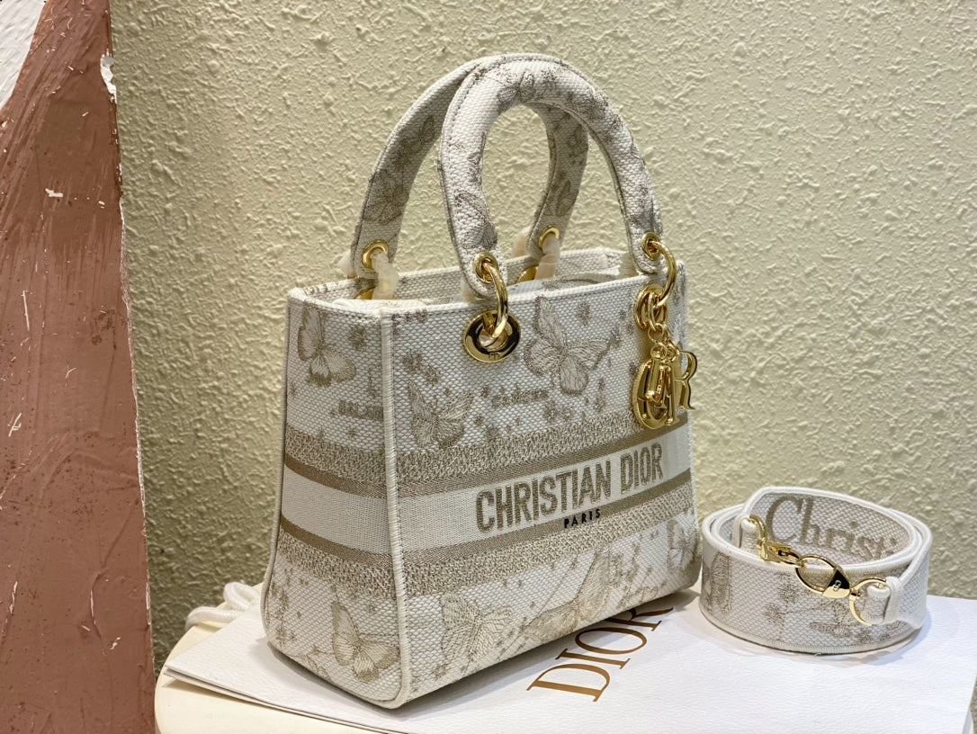 Christian Dior Lady D-Lite Bag with Grey Butterfly Embroidery - Small