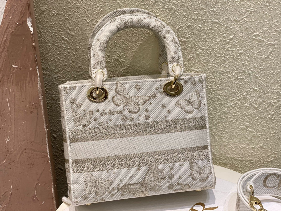 Christian Dior Lady D-Lite Bag with Grey Butterfly Embroidery - Small