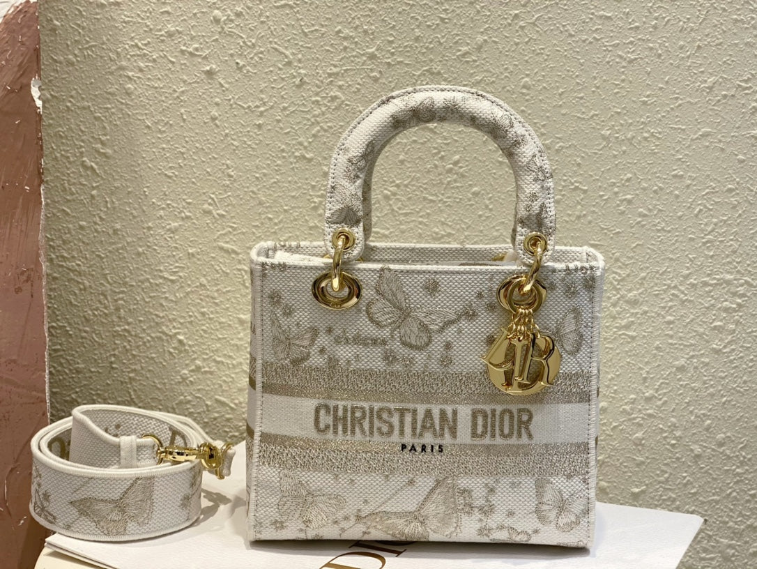 Christian Dior Lady D-Lite Bag with Grey Butterfly Embroidery - Small