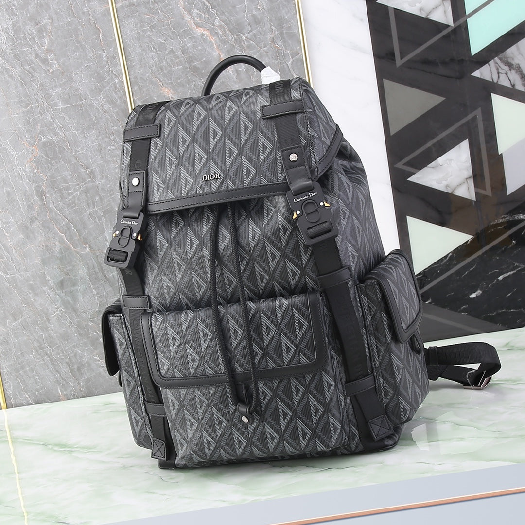 Grey Geometric Diamond Pattern Multi-Pocket Backpack for Men and Women