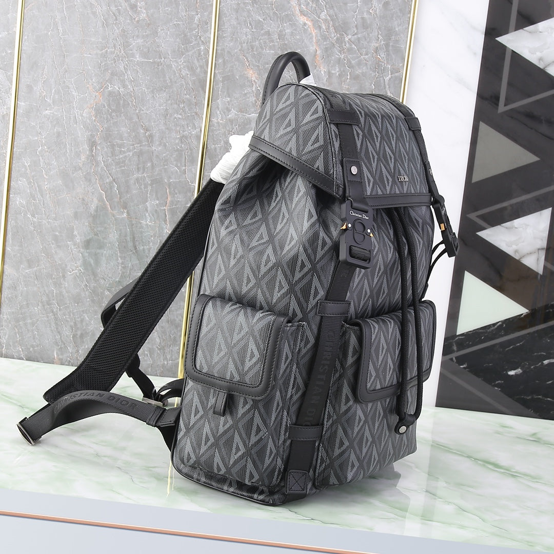 Grey Geometric Diamond Pattern Multi-Pocket Backpack for Men and Women