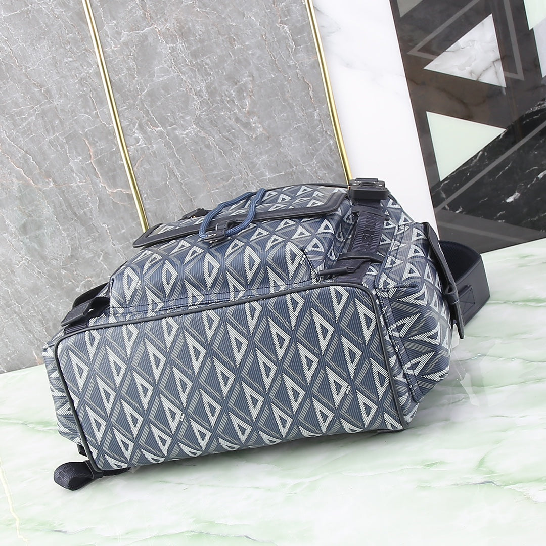 Geometric Print Flap-Top Backpack with Buckle Closures - Blue/Grey