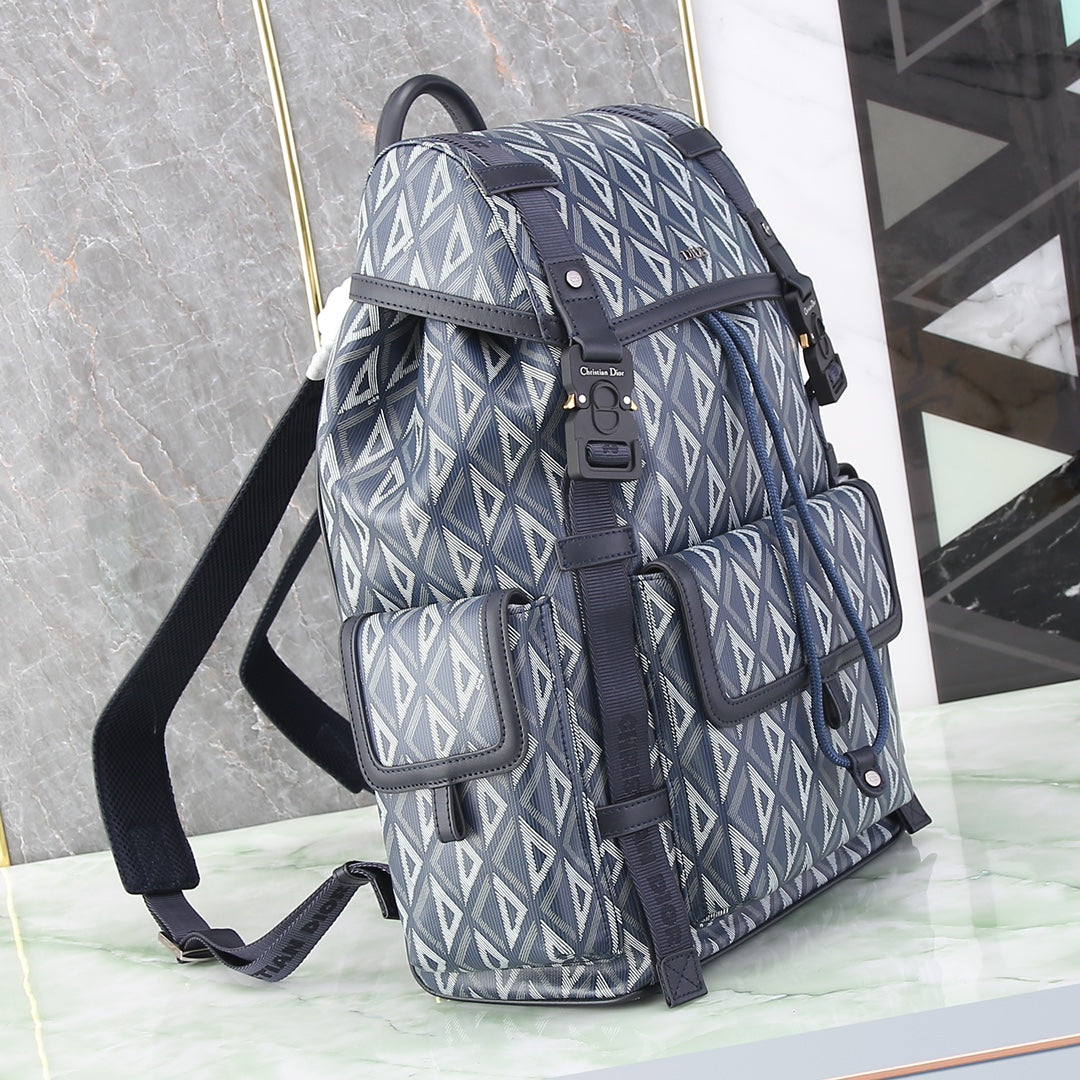Geometric Print Flap-Top Backpack with Buckle Closures - Blue/Grey