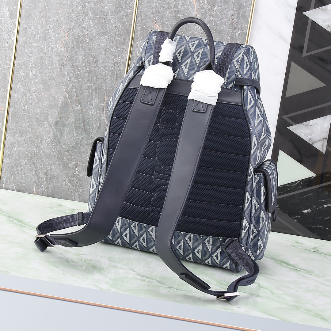 Geometric Print Flap-Top Backpack with Buckle Closures - Blue/Grey