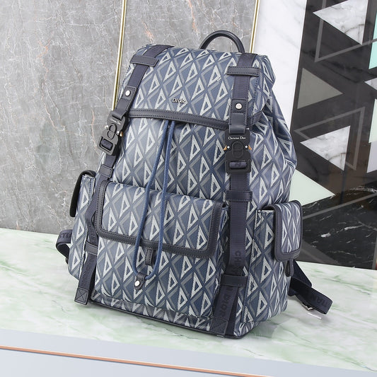 Geometric Print Flap-Top Backpack with Buckle Closures - Blue/Grey