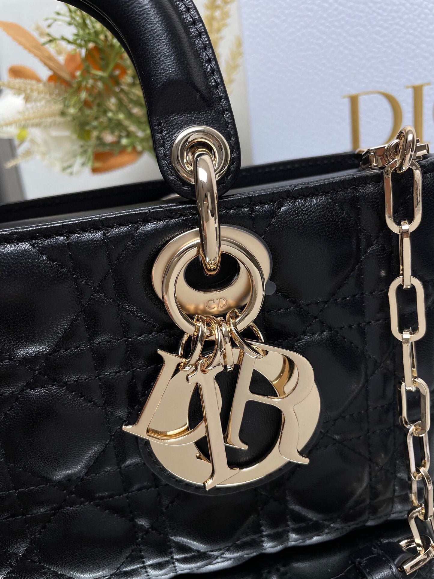 Christian Dior Lady D-Joy Bag - Black Cannage Lambskin with Gold-Finish Metal Charms