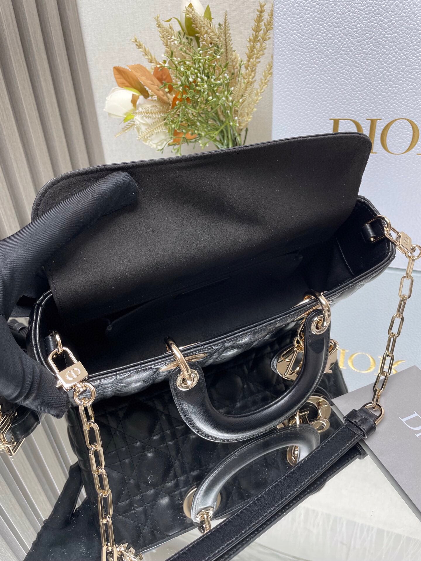 Christian Dior Lady D-Joy Bag - Black Cannage Lambskin with Gold-Finish Metal Charms