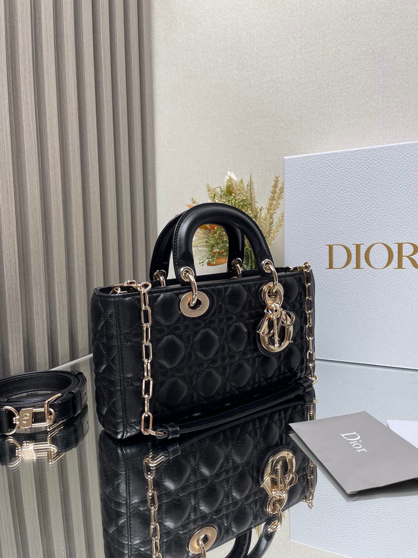 Christian Dior Lady D-Joy Bag - Black Cannage Lambskin with Gold-Finish Metal Charms