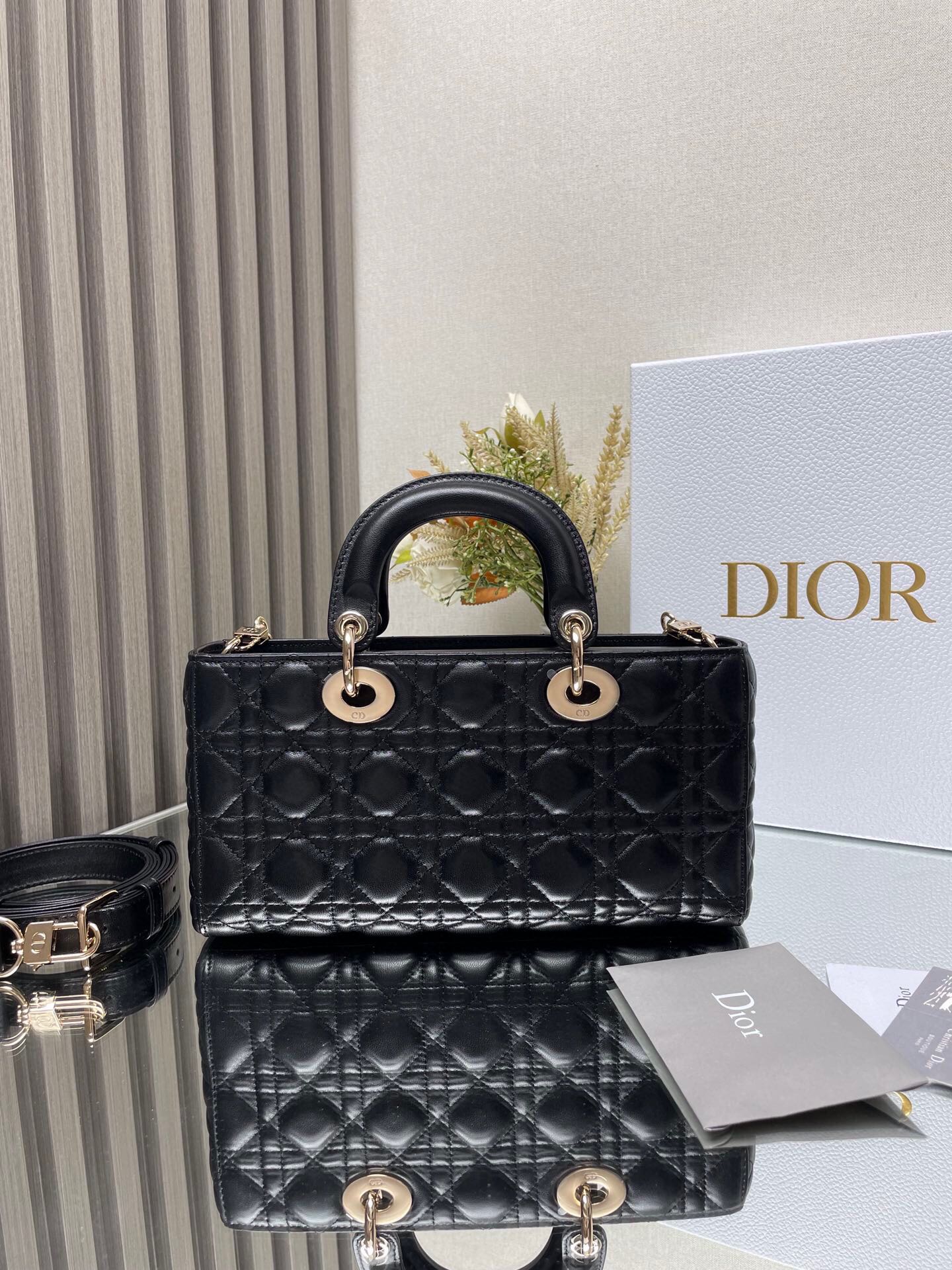 Christian Dior Lady D-Joy Bag - Black Cannage Lambskin with Gold-Finish Metal Charms