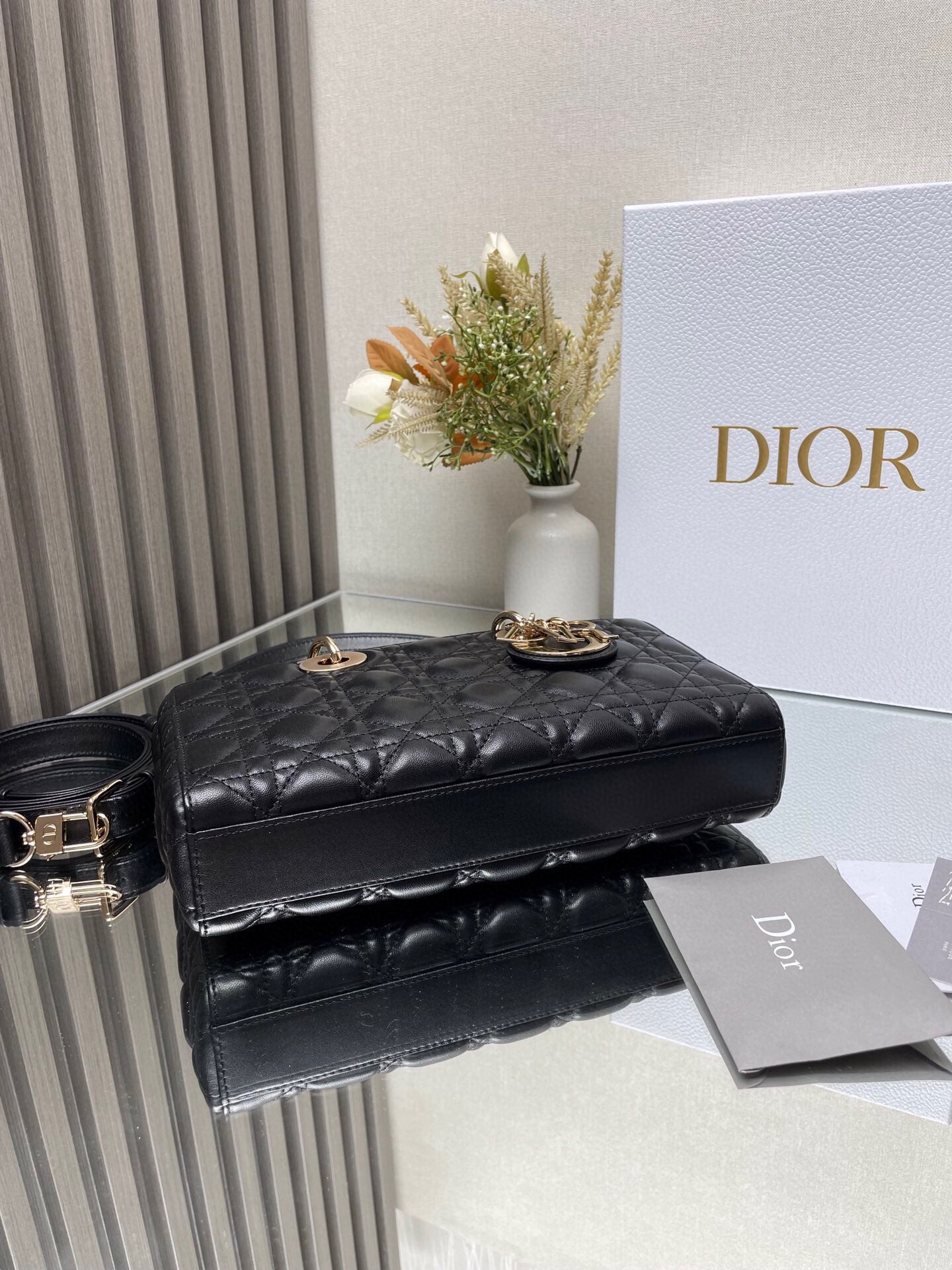 Christian Dior Lady D-Joy Bag - Black Cannage Lambskin with Gold-Finish Metal Charms