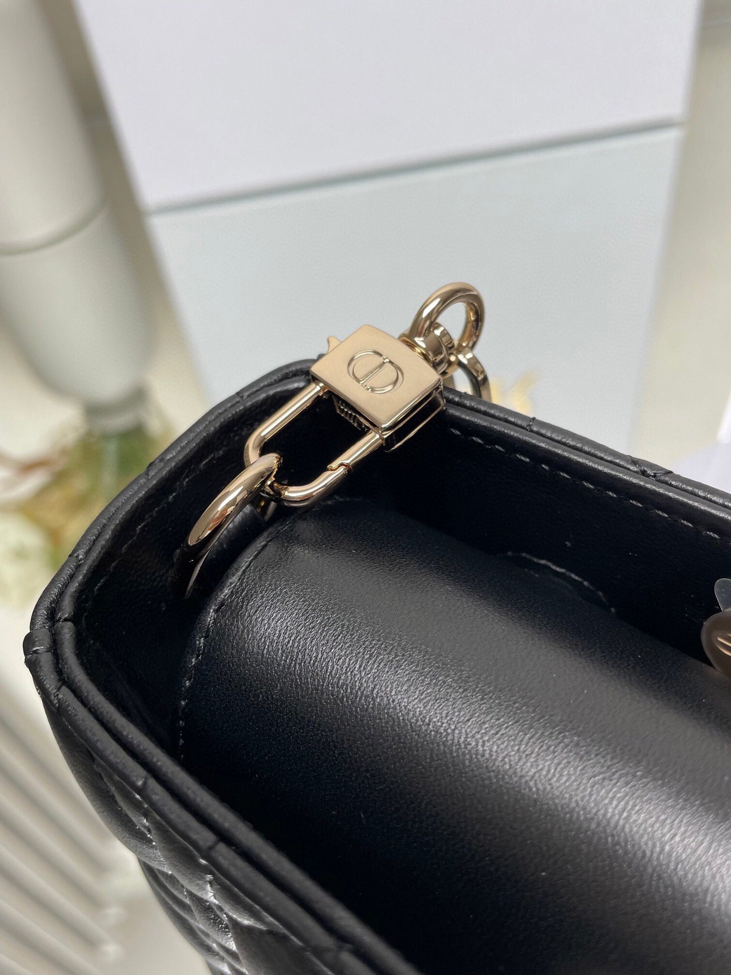 Dior Black Quilted Leather Top Handle Handbag with Gold Chain Strap