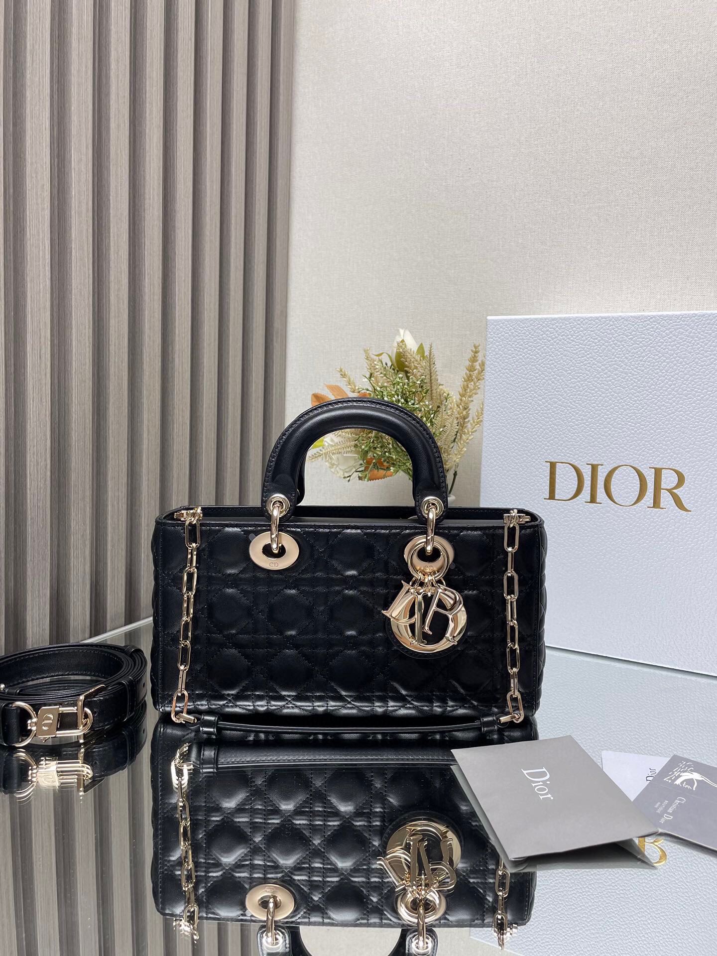 Christian Dior Lady D-Joy Bag - Black Cannage Lambskin with Gold-Finish Metal Charms