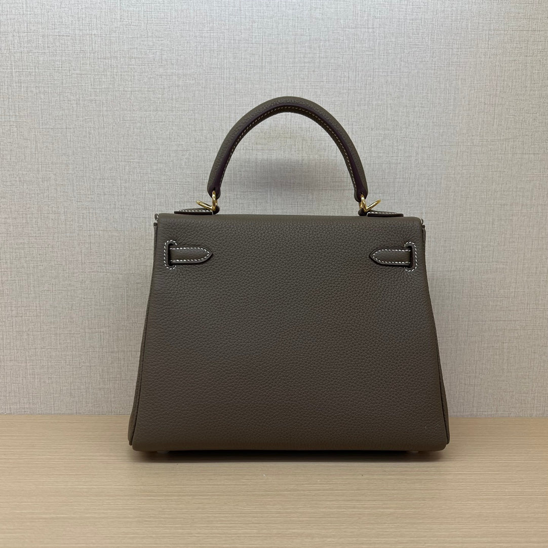 Luxury Two-Tone Leather Top-Handle Handbag - Elegant Brown and Grey Satchel