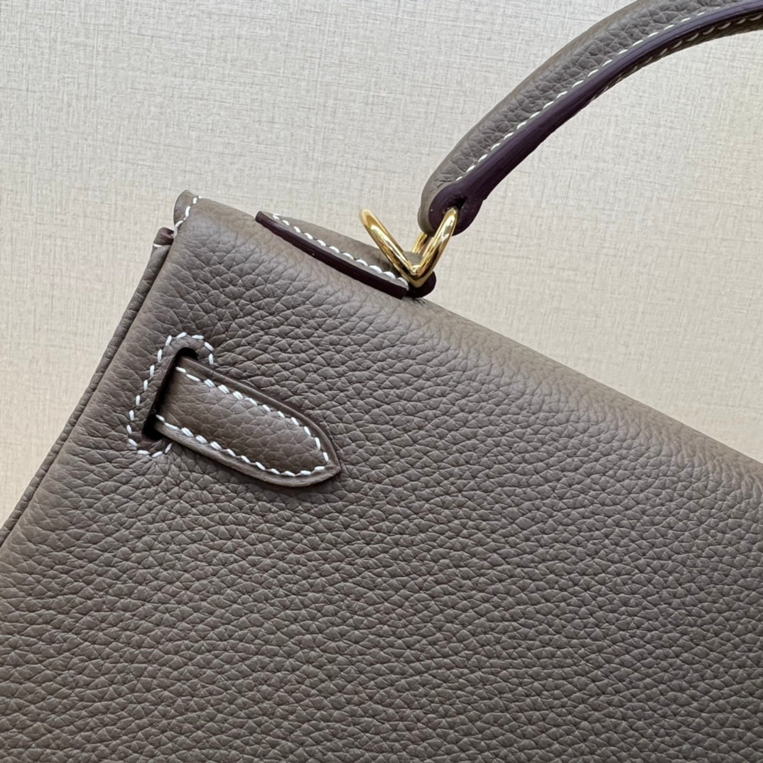 Luxury Two-Tone Leather Top-Handle Handbag - Elegant Brown and Grey Satchel